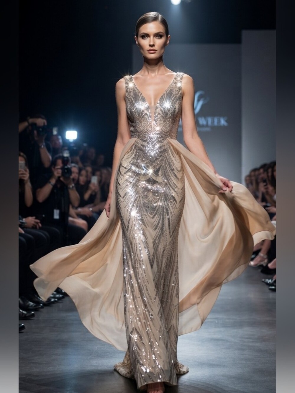 Gold, Double V, Beaded Back, Draped Skirt, Contrast Sequined Mermaid Gown